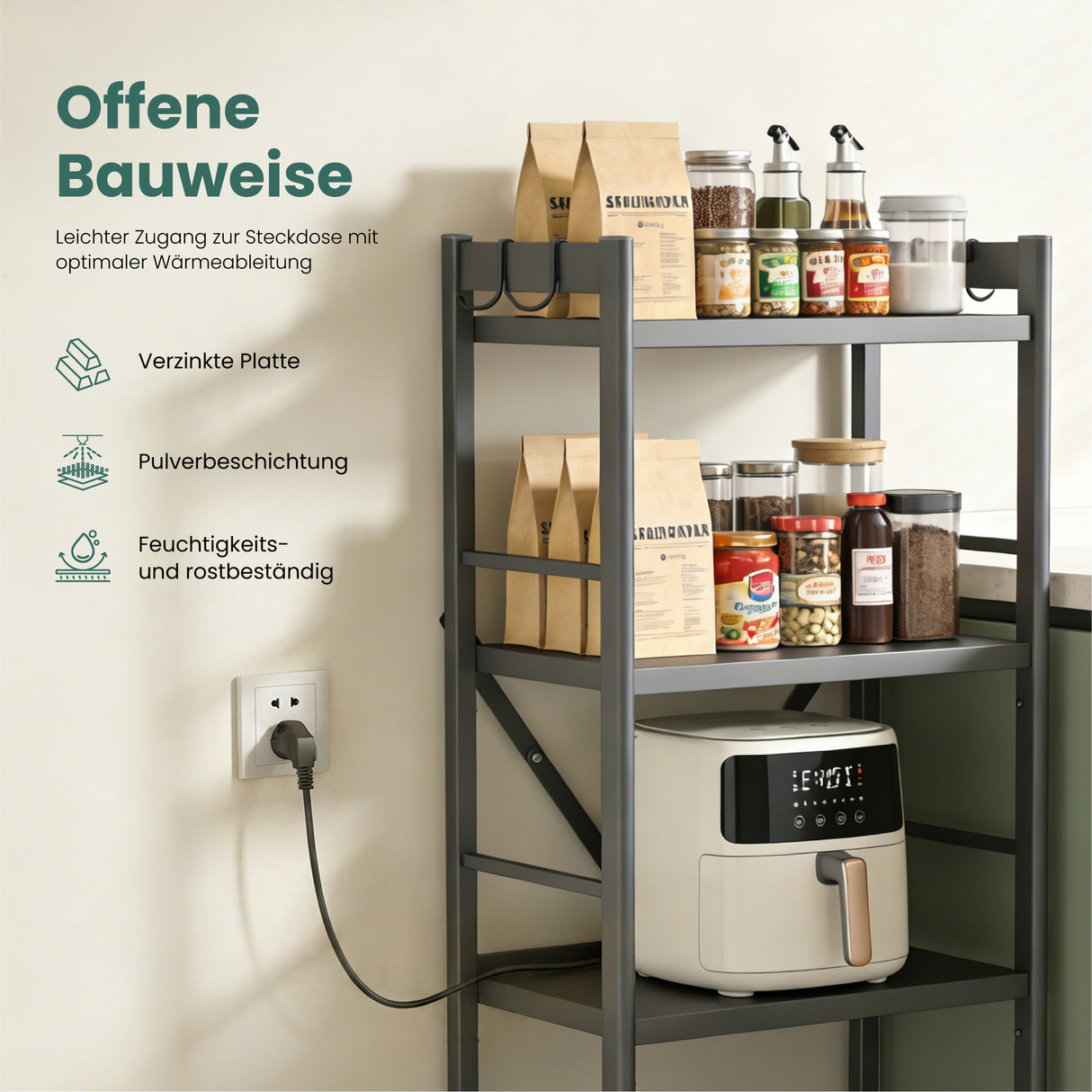 Glasvilla küchenregal stehend mit 4 Ebenen, Standregal küchen mit 4 Lenkrollen und Seitlichen Haken, Küchen Organizer für Mikrowelle, Töpfe & Gewürze,  Reglo-13