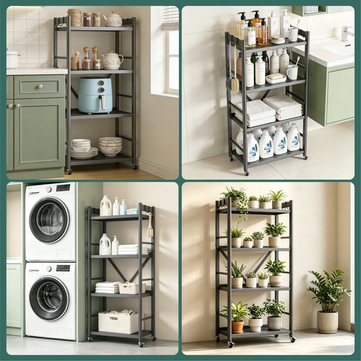 Glasvilla küchenregal stehend mit 4 Ebenen, Standregal küchen mit 4 Lenkrollen und Seitlichen Haken, Küchen Organizer für Mikrowelle, Töpfe & Gewürze,  Reglo-13