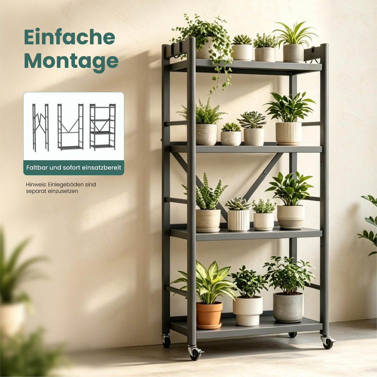 Glasvilla küchenregal stehend mit 4 Ebenen, Standregal küchen mit 4 Lenkrollen und Seitlichen Haken, Küchen Organizer für Mikrowelle, Töpfe & Gewürze,  Reglo-13