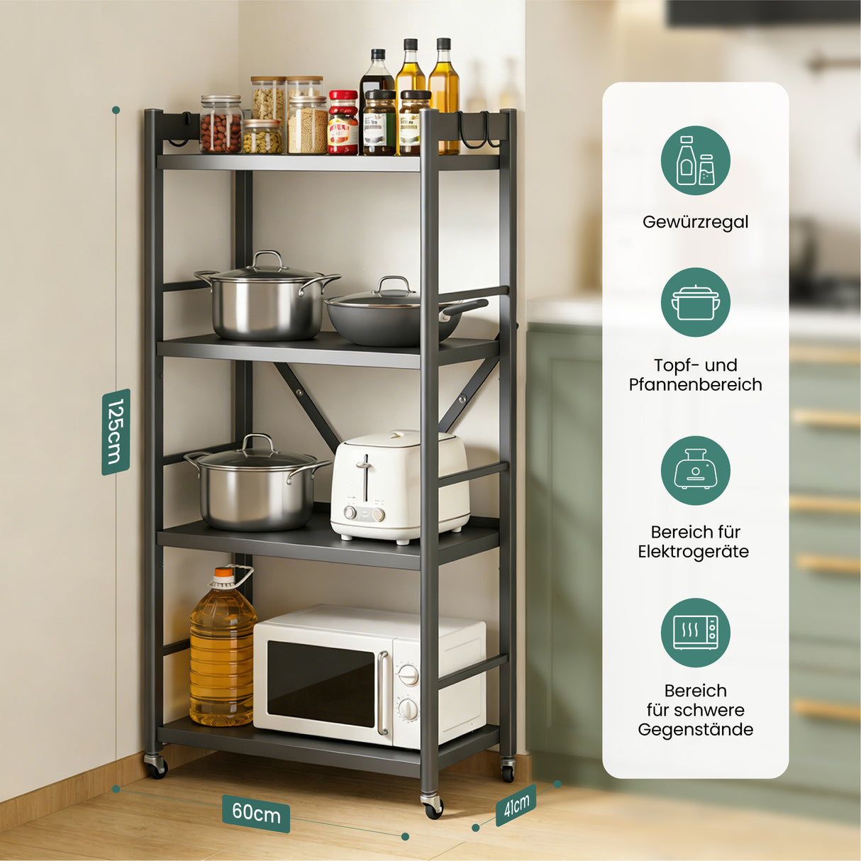 Glasvilla küchenregal stehend mit 4 Ebenen, Standregal küchen mit 4 Lenkrollen und Seitlichen Haken, Küchen Organizer für Mikrowelle, Töpfe & Gewürze,  Reglo-13