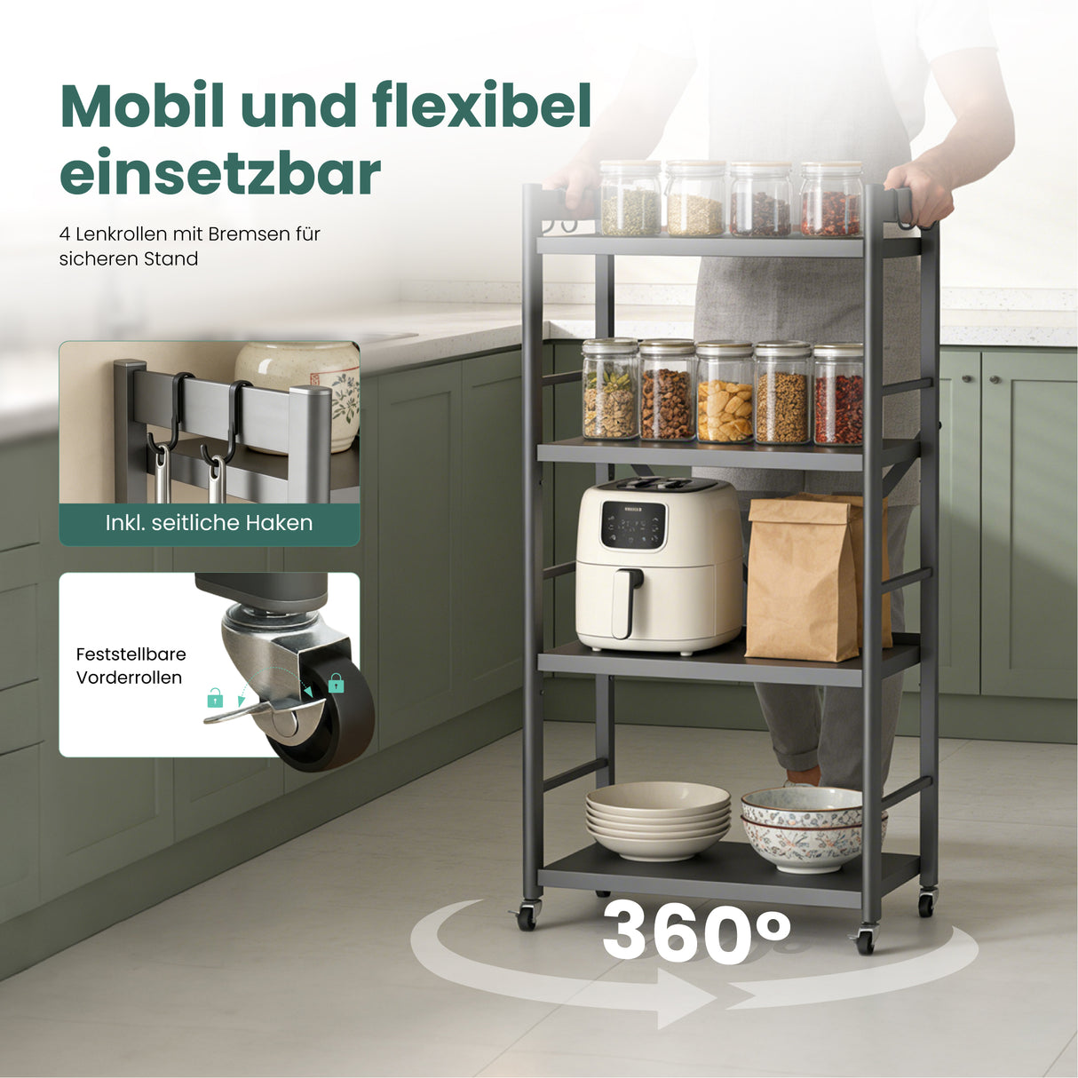 Glasvilla küchenregal stehend mit 4 Ebenen, Standregal küchen mit 4 Lenkrollen und Seitlichen Haken, Küchen Organizer für Mikrowelle, Töpfe & Gewürze,  Reglo-13