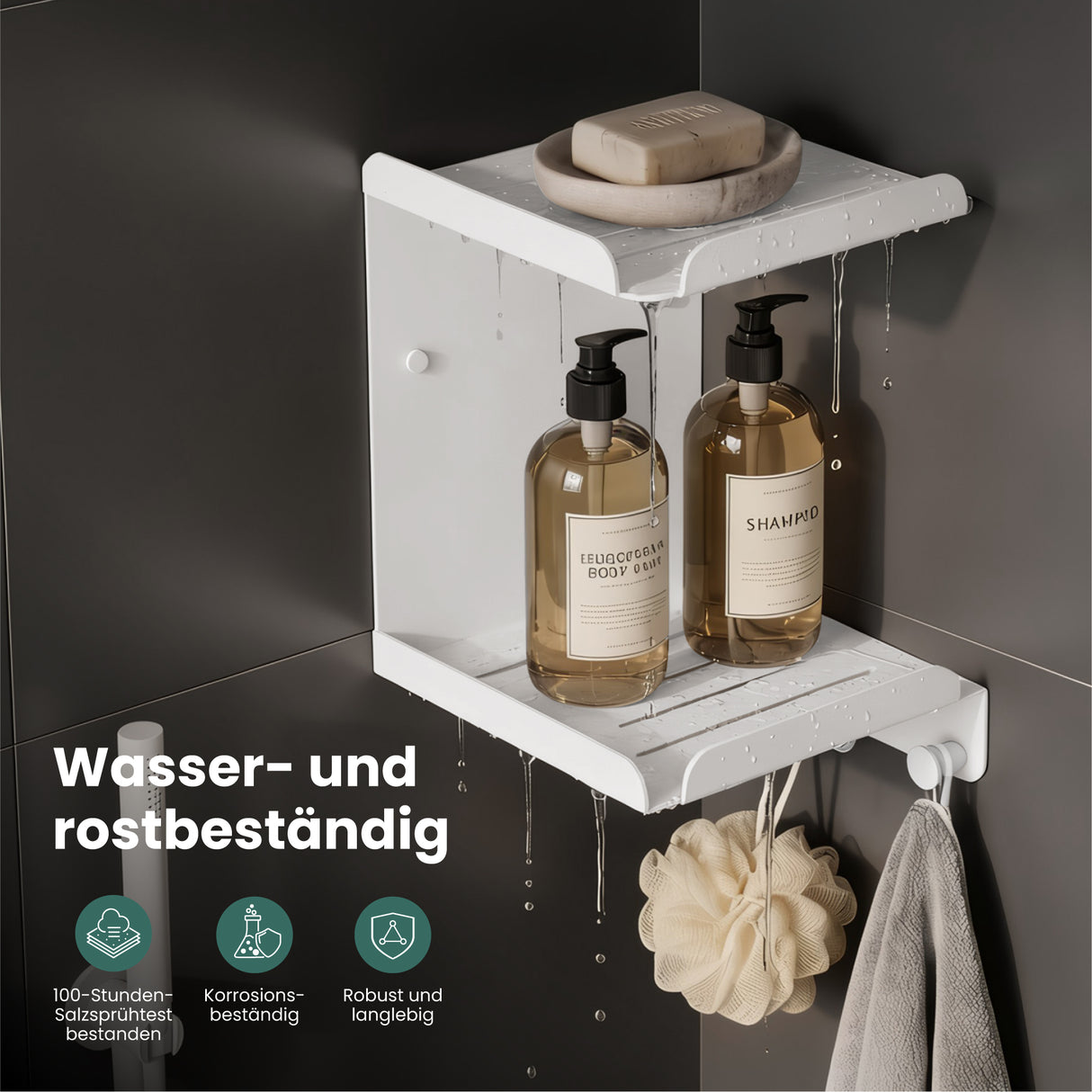 glasvilla Duschablage zum Bohren oder Kleben, Duschregal mit 3 Haken, Badezimmerablage zur Wandmontage, Badezimmer Organizer Reglo-14