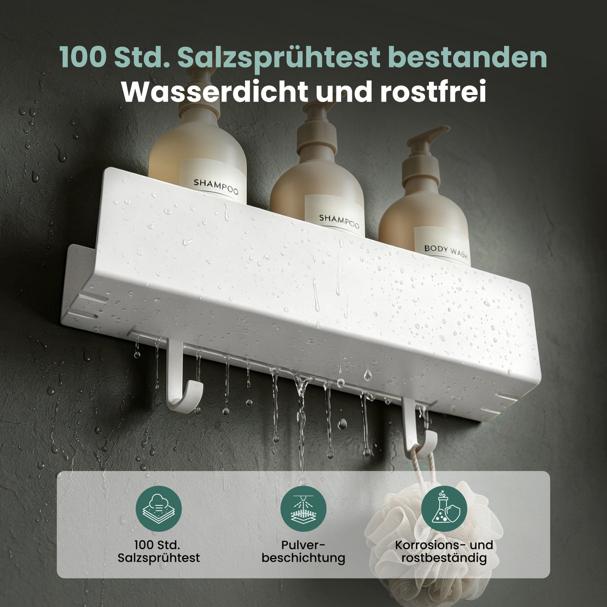 glasvilla Duschablage ohne Bohren mit 2 Schiebehaken,  Reglo-18 40cm | Duschregal ohne Bohren oder mit Bohren, Ablaufdesign Badezimmer Organizer, Metall, Shampoo Halterung für Dusche, Bad & Küche