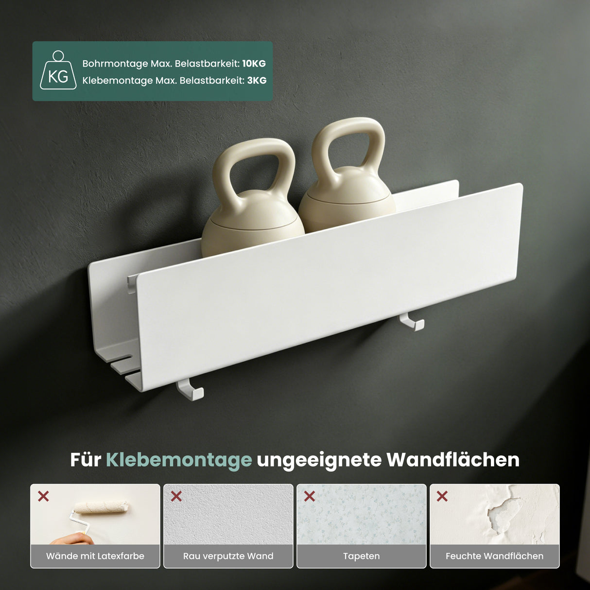 glasvilla Duschablage ohne Bohren mit 2 Schiebehaken,  Reglo-18 40cm | Duschregal ohne Bohren oder mit Bohren, Ablaufdesign Badezimmer Organizer, Metall, Shampoo Halterung für Dusche, Bad & Küche