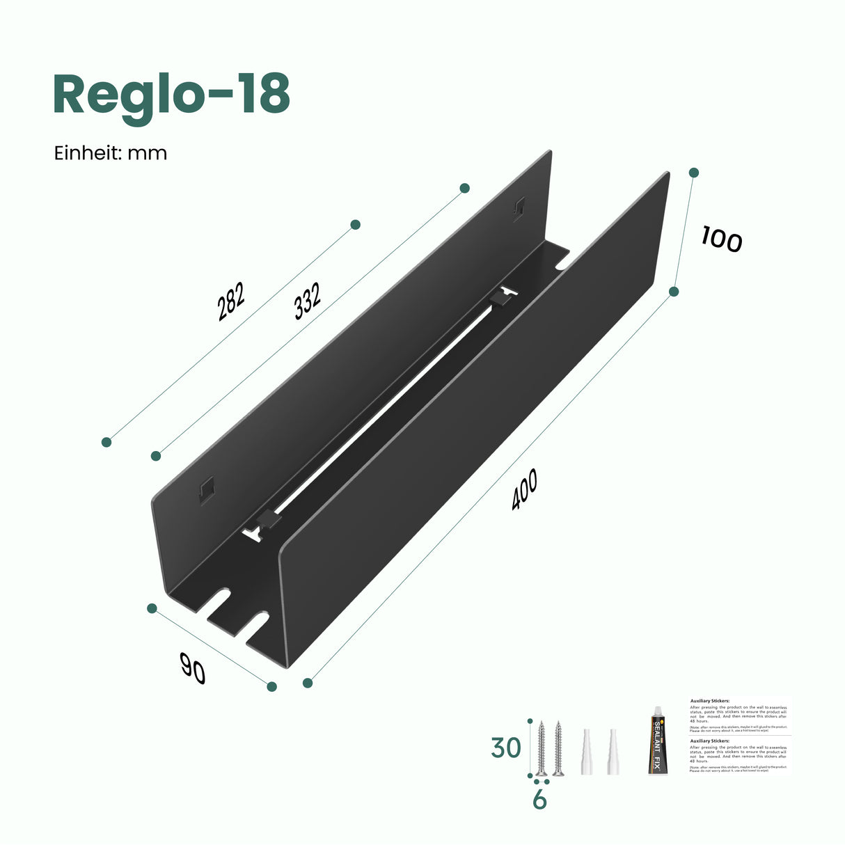 glasvilla Duschablage ohne Bohren mit 2 Schiebehaken,  Reglo-18 40cm | Duschregal ohne Bohren oder mit Bohren, Ablaufdesign Badezimmer Organizer, Metall, Shampoo Halterung für Dusche, Bad & Küche