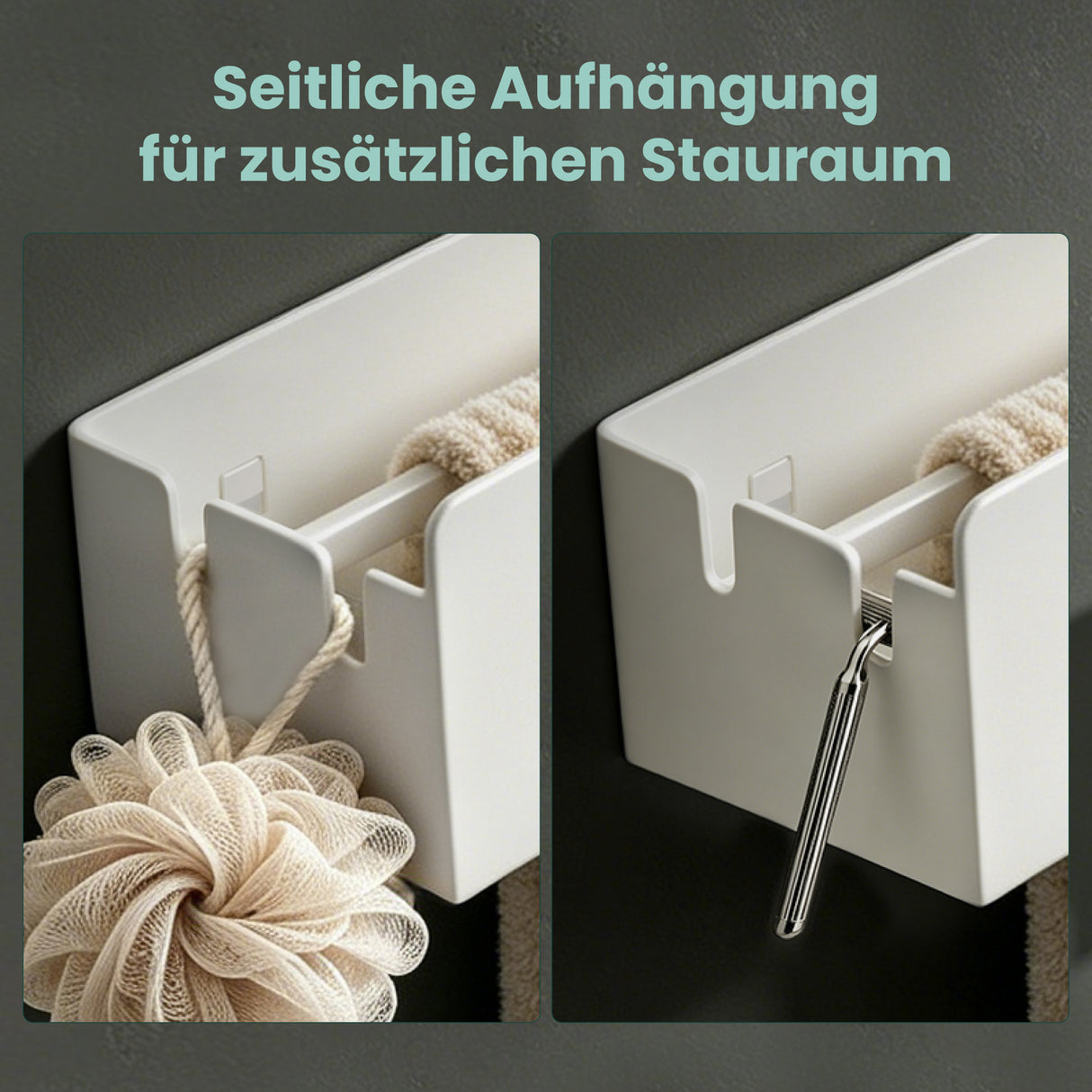 glasvilla Duschablage ohne Bohren mit Handtuchhalter, 60cm  Reglo-18 | Duschregal ohne Bohren oder mit Bohren, Drainage, Duschablage zum Hängen, Metall, Shampoo Halterung für Dusche, Bad, Küche
