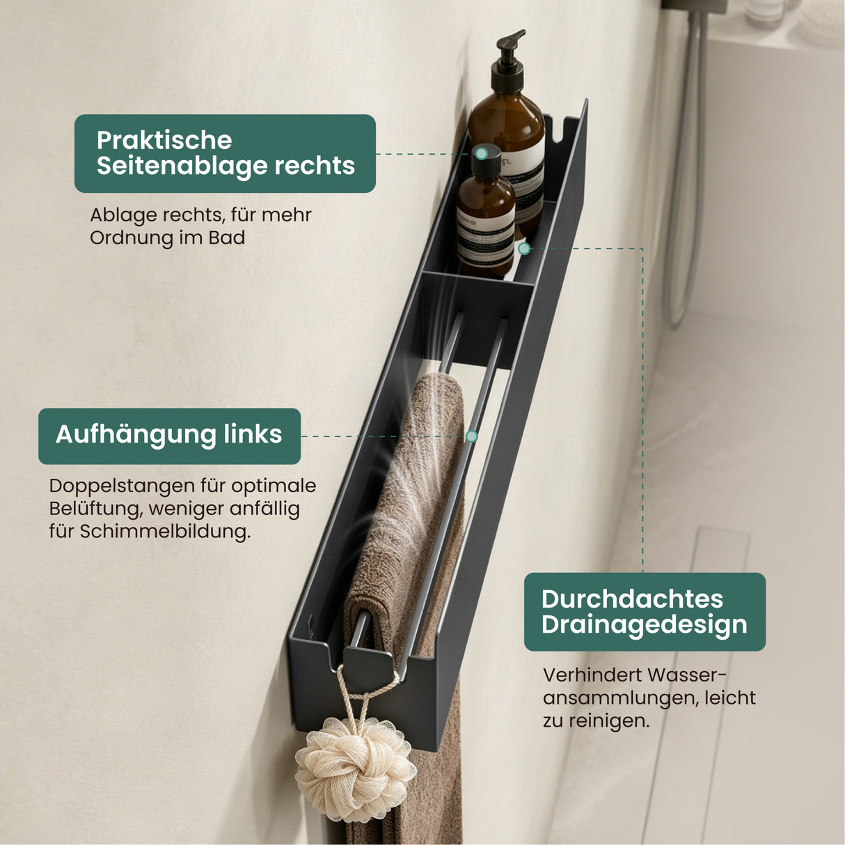 glasvilla Duschablage ohne Bohren mit Handtuchhalter, 60cm  Reglo-18 | Duschregal ohne Bohren oder mit Bohren, Drainage, Duschablage zum Hängen, Metall, Shampoo Halterung für Dusche, Bad, Küche