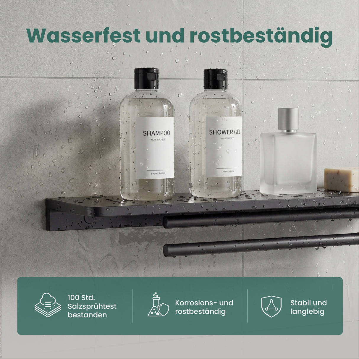 glasvilla Duschablage zum Bohren, Duschregal mit 2 Handtuchstangen aus Aluminiumlegierung, Badezimmerablage zur Wandmontage, Badezimmer Organizer  Reglo-19