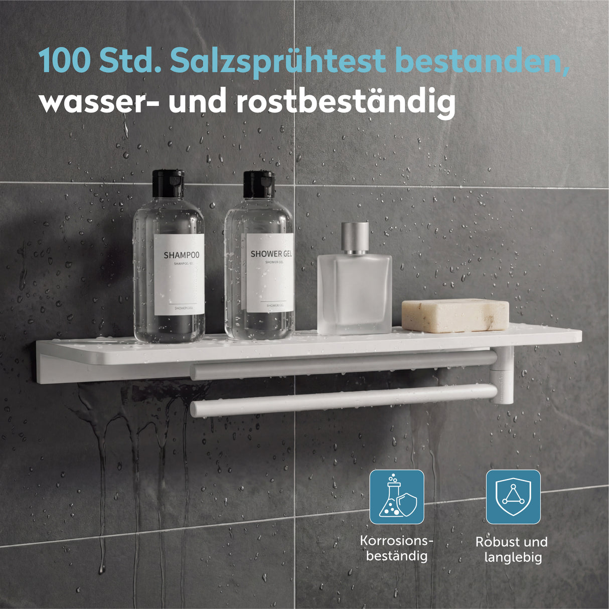 glasvilla Duschablage zum Bohren, Duschregal mit 2 Handtuchstangen aus Aluminiumlegierung, Badezimmerablage zur Wandmontage, Badezimmer Organizer  Reglo-19