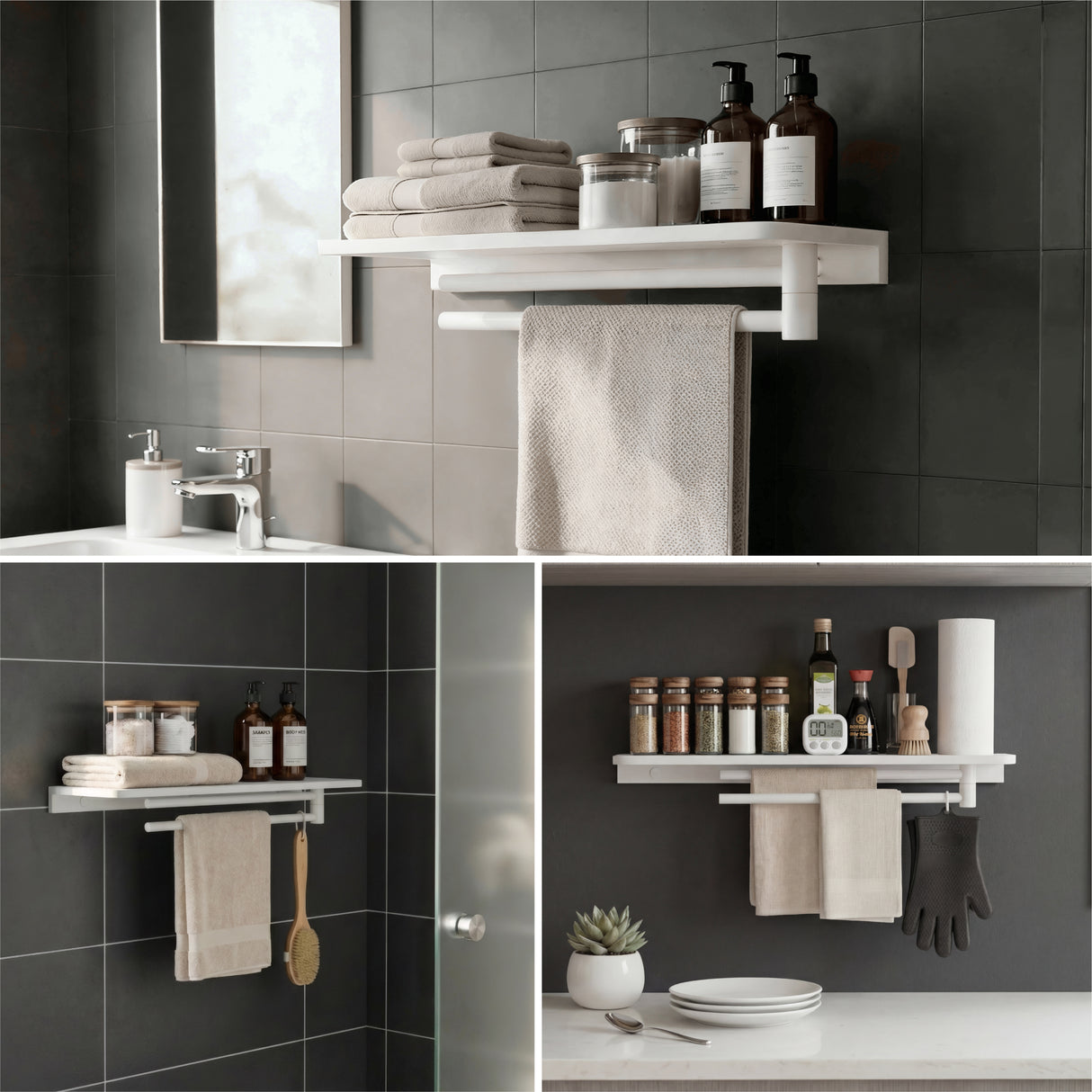 glasvilla Duschablage zum Bohren, Duschregal mit 2 Handtuchstangen aus Aluminiumlegierung, Badezimmerablage zur Wandmontage, Badezimmer Organizer  Reglo-19