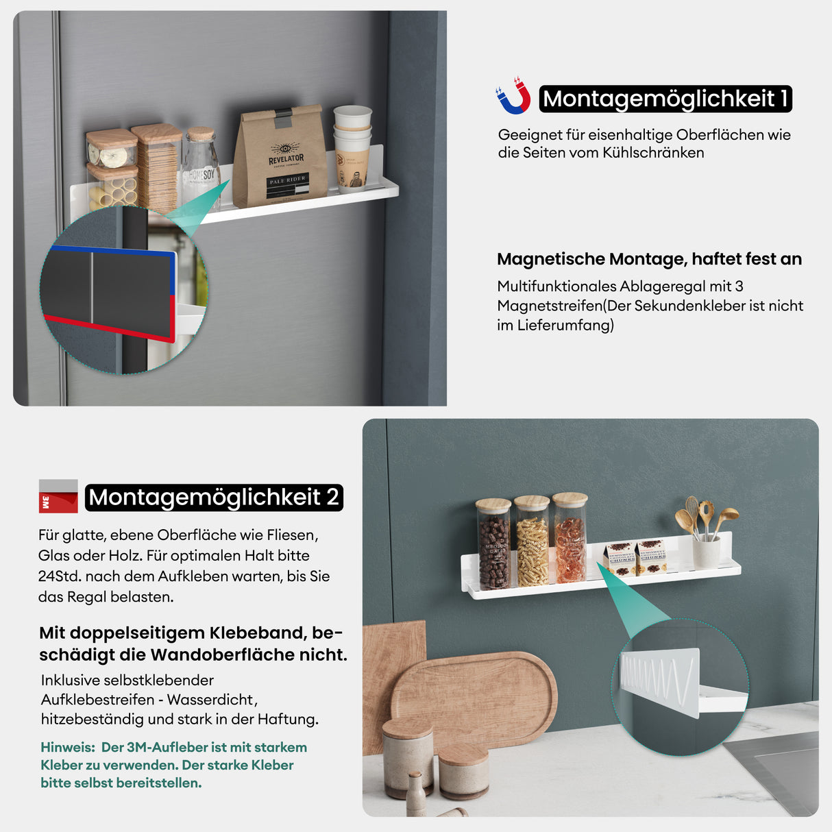 glasvilla Mensola da Parete Multifunzionale Senza Foratura, Mensola Magnetica per Doccia in Acciaio al Carbonio con Strato Antiruggine per Bagno e Cucina, 60cm, Reglo-01