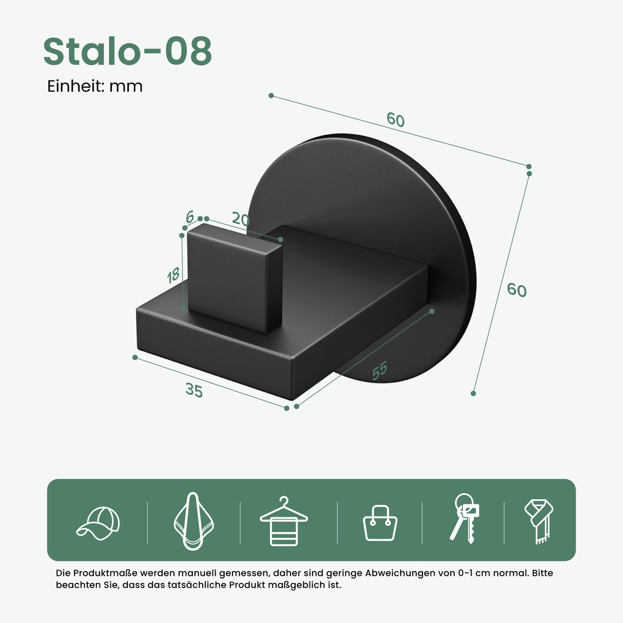 Glasvilla Design – Ganchos de pared de acero inoxidable Stalo-08 / Stalo-09 con montaje adhesivo o atornillado