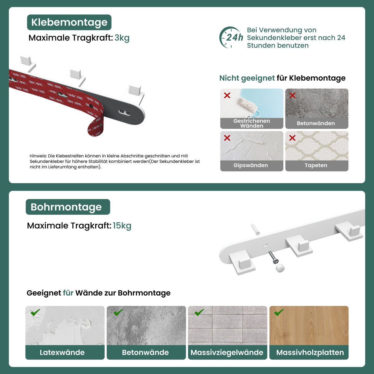 Glasvilla Design – Ganchos de pared de acero inoxidable Stalo-08 / Stalo-09 con montaje adhesivo o atornillado