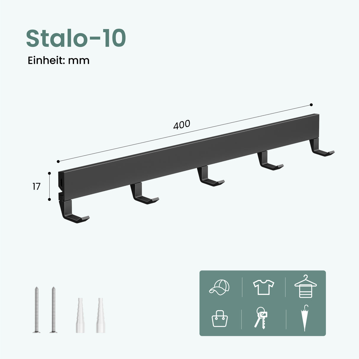 glasvilla Garderobenleiste mit verstellbaren Haken, Kleiderhaken aus Aluminium, Wandgarderobe Garderobenhaken Stalo-10