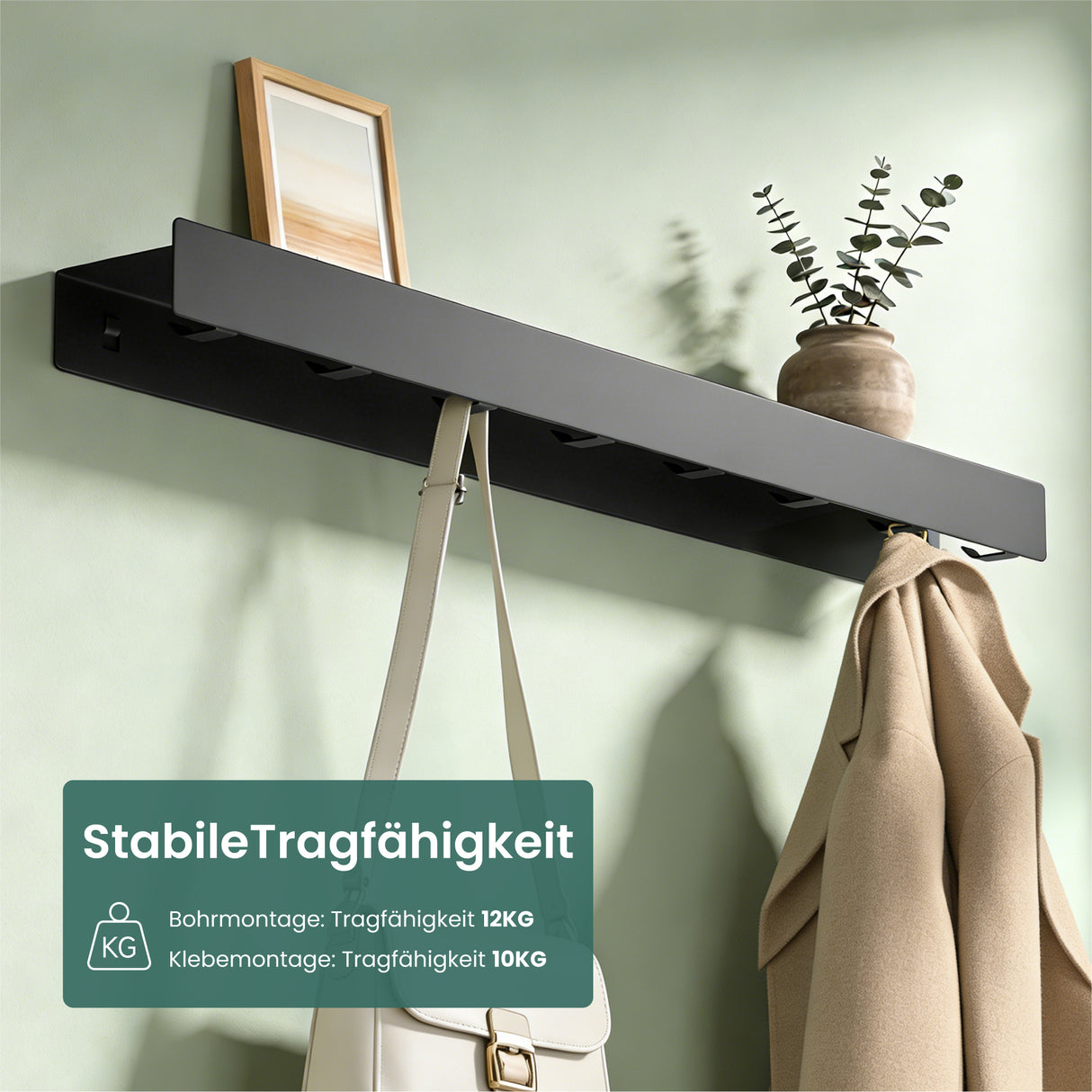 glasvilla Wandgarderobe mit Ablage und 8 Haken, Garderobenleiste mit versteckten Kleiderhaken, Kleiderstange Wandmontage  Stalo-11
