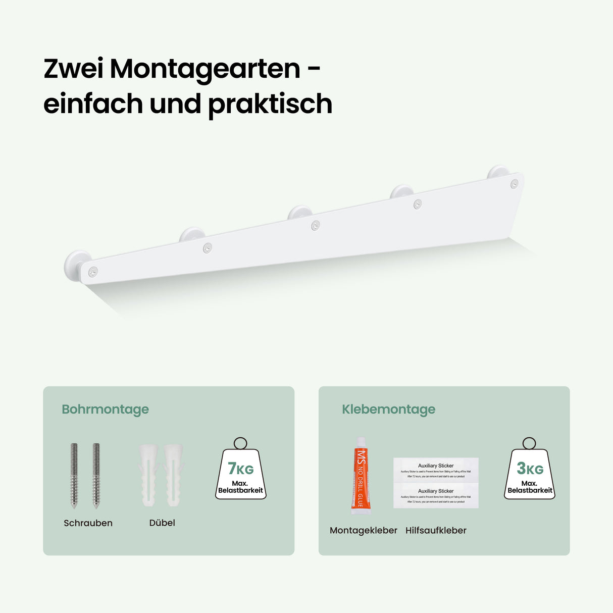 glasvilla Garderobenhaken zum Bohren oder Kleben, Kleiderhaken aus Aluminiumlegierung, Garderobenleiste mit 5 Haken, Hakenleiste  Stalo-18