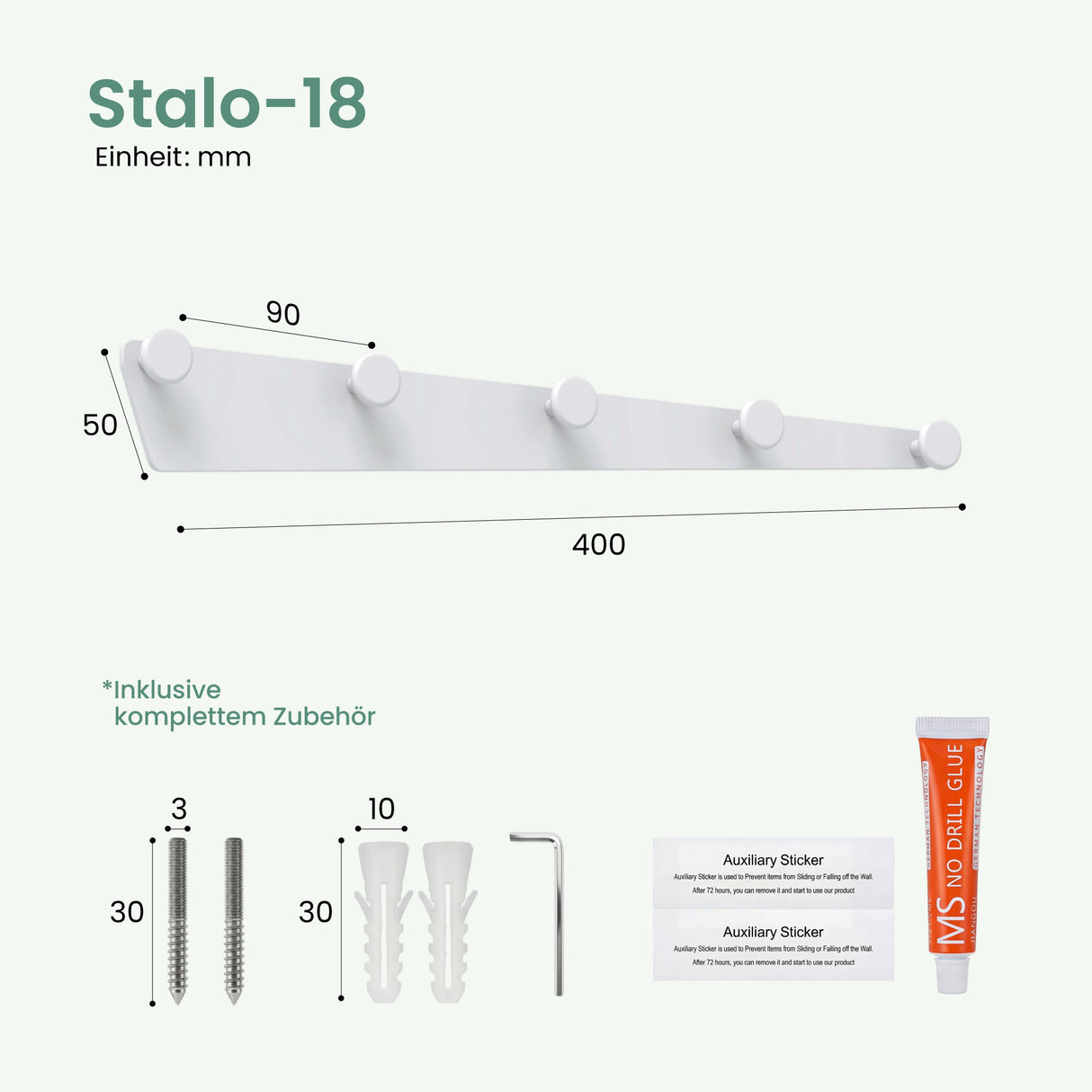 glasvilla Garderobenhaken zum Bohren oder Kleben, Kleiderhaken aus Aluminiumlegierung, Garderobenleiste mit 5 Haken, Hakenleiste  Stalo-18