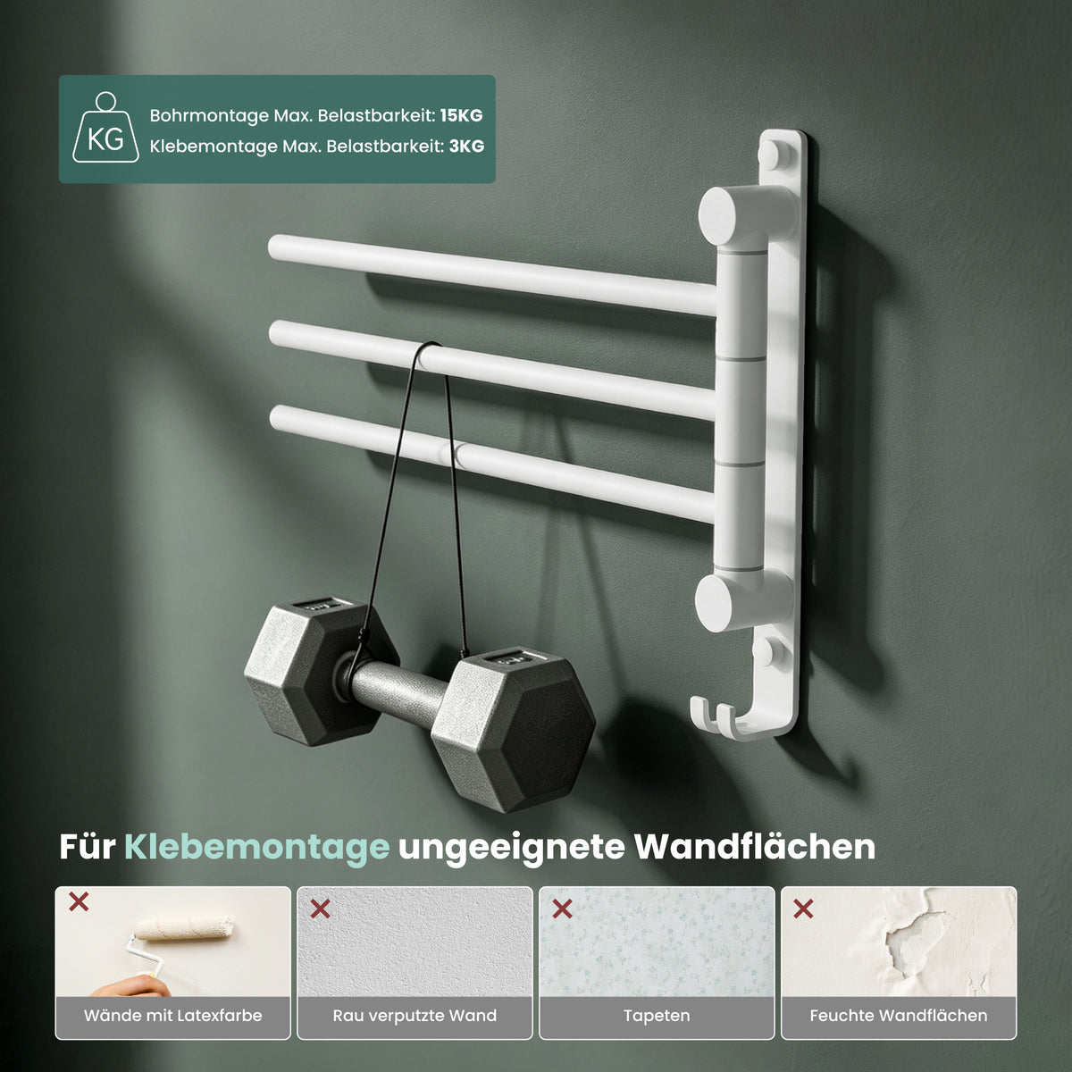glasvilla Handtuchhalter 180° Schwenkbar 3-armig aus Edelstahl  Handtuchhalterung Badetuchhalter ohne Bohren oder mit Bohren, 3-Stangen Handtuchstange für Bad und Küche, Tavrin-06