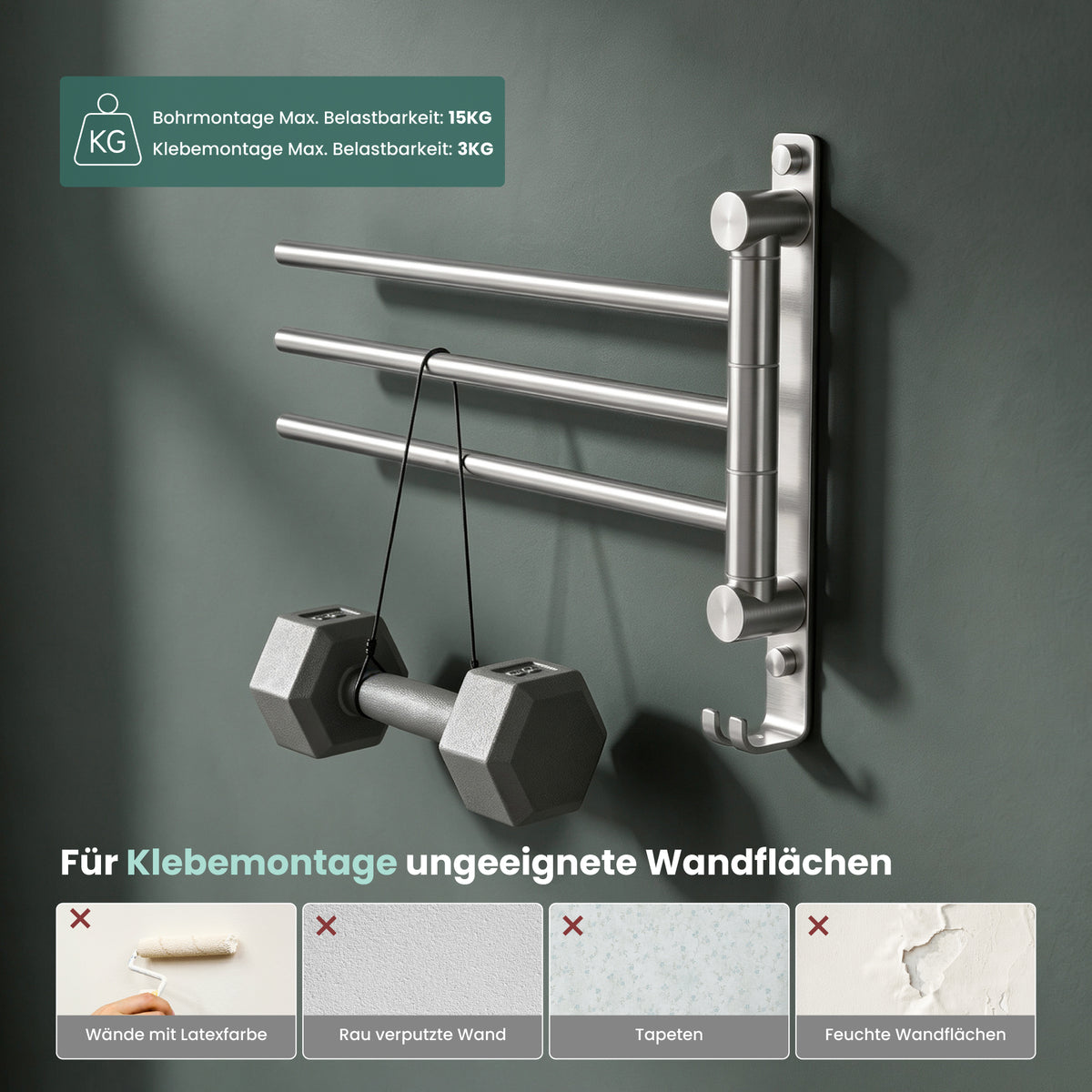 glasvilla Handtuchhalter 180° Schwenkbar 3-armig aus Edelstahl  Handtuchhalterung Badetuchhalter ohne Bohren oder mit Bohren, 3-Stangen Handtuchstange für Bad und Küche, Tavrin-06