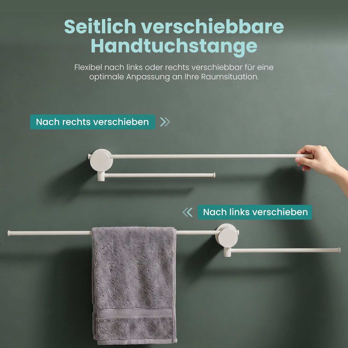 glasvilla Handtuchhalter ohne Bohren, 360° schwenkbar,  Wand-Handtuchhalter aus Aluminium, 60,7 cm, selbstklebend oder zum Bohren, verstellbar, für Hand- & Badetücher, Tavrin-08