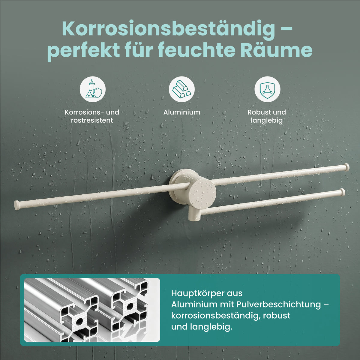 glasvilla Handtuchhalter ohne Bohren, 360° schwenkbar,  Wand-Handtuchhalter aus Aluminium, 60,7 cm, selbstklebend oder zum Bohren, verstellbar, für Hand- & Badetücher, Tavrin-08