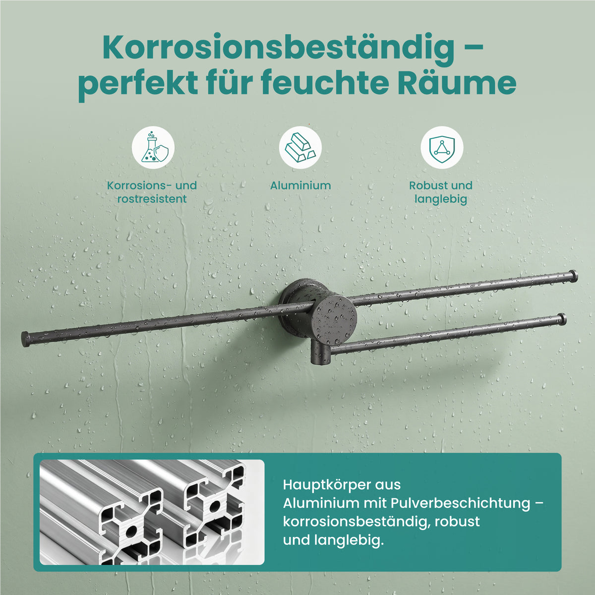 glasvilla Handtuchhalter ohne Bohren, 360° schwenkbar,  Wand-Handtuchhalter aus Aluminium, 60,7 cm, selbstklebend oder zum Bohren, verstellbar, für Hand- & Badetücher, Tavrin-08