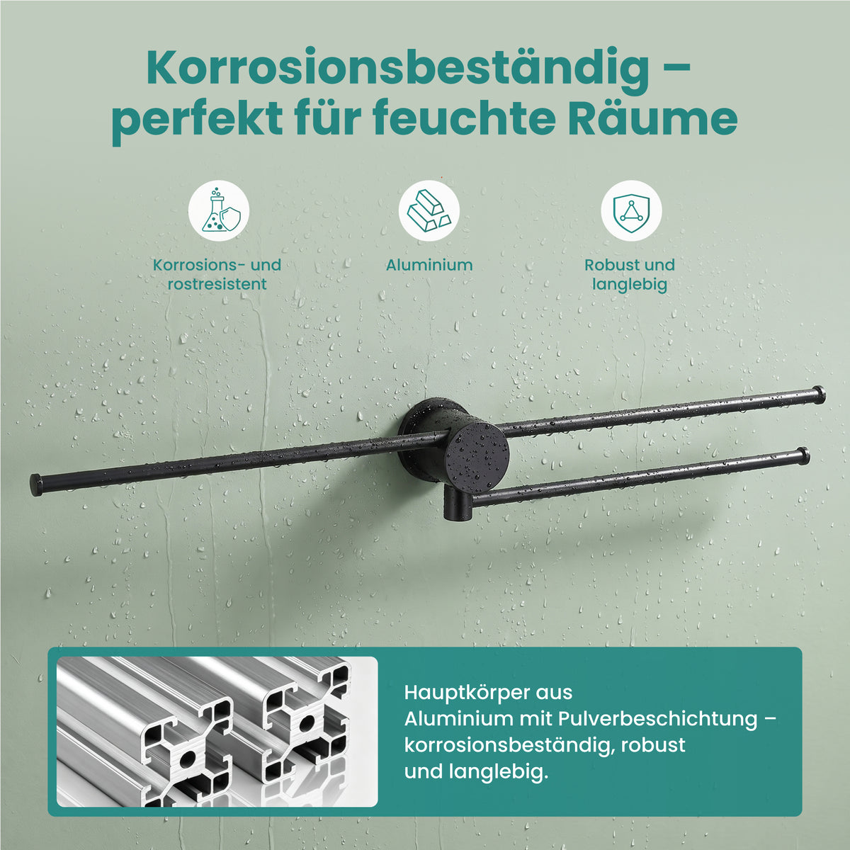 glasvilla Handtuchhalter ohne Bohren, 360° schwenkbar,  Wand-Handtuchhalter aus Aluminium, 60,7 cm, selbstklebend oder zum Bohren, verstellbar, für Hand- & Badetücher, Tavrin-08