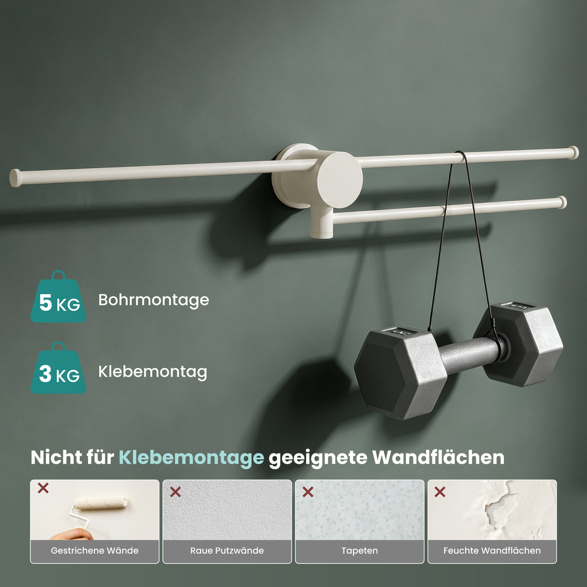 glasvilla Handtuchhalter ohne Bohren, 360° schwenkbar,  Wand-Handtuchhalter aus Aluminium, 60,7 cm, selbstklebend oder zum Bohren, verstellbar, für Hand- & Badetücher, Tavrin-08