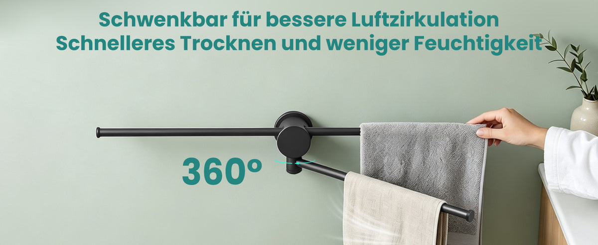 glasvilla Handtuchhalter ohne Bohren, 360° schwenkbar,  Wand-Handtuchhalter aus Aluminium, 60,7 cm, selbstklebend oder zum Bohren, verstellbar, für Hand- & Badetücher, Tavrin-08