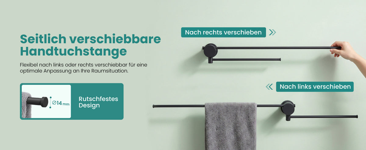 glasvilla Handtuchhalter ohne Bohren, 360° schwenkbar,  Wand-Handtuchhalter aus Aluminium, 60,7 cm, selbstklebend oder zum Bohren, verstellbar, für Hand- & Badetücher, Tavrin-08