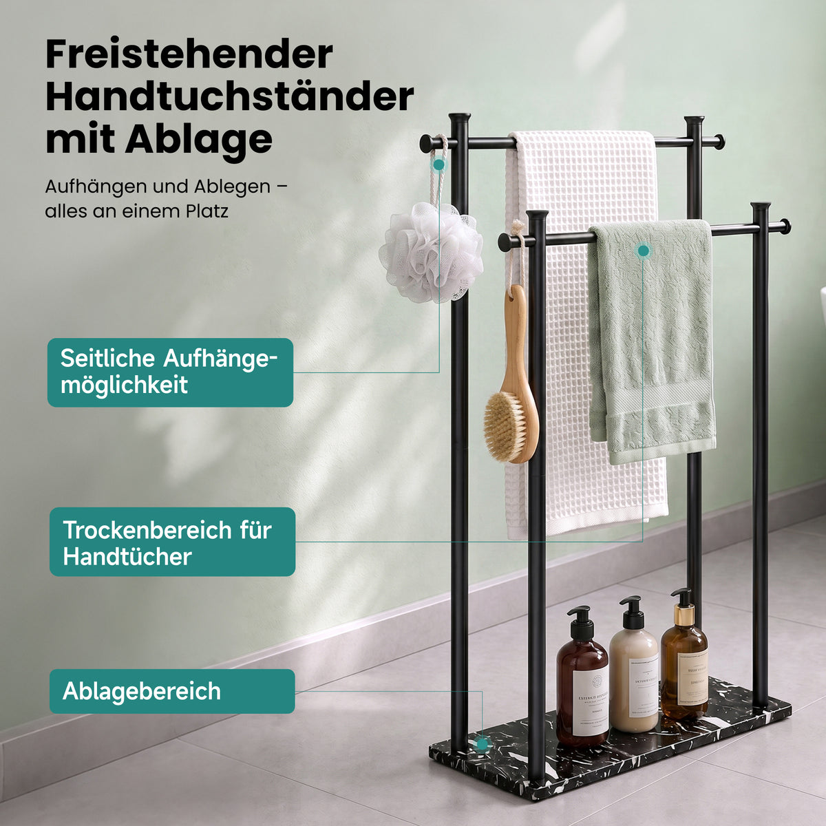glasvilla Handtuchständer freistehend mit 2 Stangen, Handtuchhalter stehend Handtuchhalter ohne Bohren 55 × 20 × 82,5 , Edelstahl, Mineralstein-Sockel mit Ablage, Tavrin-09