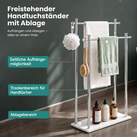 glasvilla Handtuchständer freistehend mit 2 Stangen, Handtuchhalter stehend Handtuchhalter ohne Bohren 55 × 20 × 82,5 , Edelstahl, Mineralstein-Sockel mit Ablage, Tavrin-09