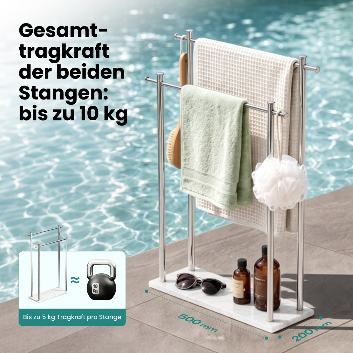 glasvilla Handtuchständer freistehend mit 2 Stangen, Handtuchhalter stehend Handtuchhalter ohne Bohren 55 × 20 × 82,5 , Edelstahl, Mineralstein-Sockel mit Ablage, Tavrin-09