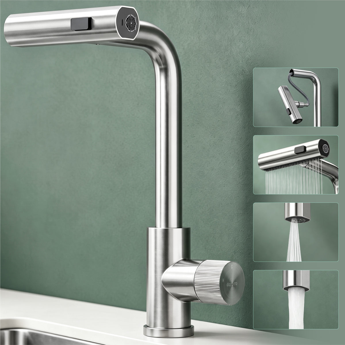 glasvilla Wasserhahn Küche Küchenarmatur mit Brause Ausziehbar, Küchenwasserhahn 360°Schwenkbar 3 Sprühfunktionen, Mischbatterie Spültischarmatur aus Edelstahl Turnix-02