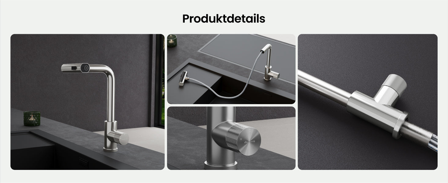 glasvilla Wasserhahn Küche Küchenarmatur mit Brause Ausziehbar, Küchenwasserhahn 360°Schwenkbar 3 Sprühfunktionen, Mischbatterie Spültischarmatur aus Edelstahl Turnix-02