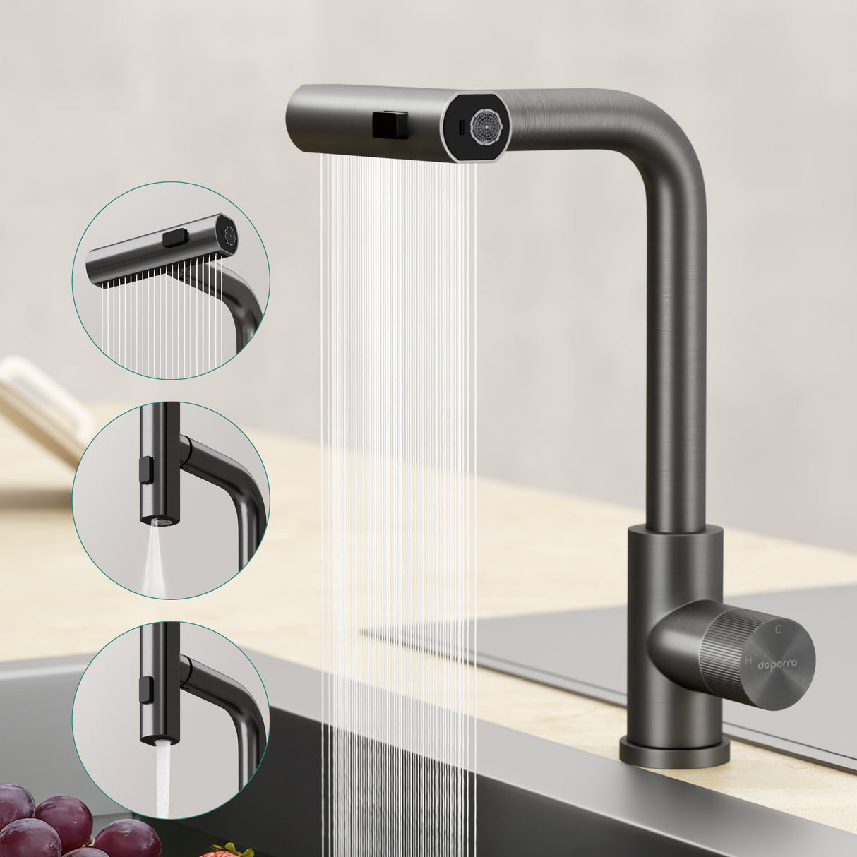 glasvilla Rubinetto per Cucina, 3 Modalità con Doccetta Estraibile, Rubinetto Lavello Cucina in Acciaio Inossidabile 304 con Cartuccia Ceramica, Tubi e Accessorri, Design Moderno Turnix-02