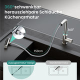 glasvilla Wasserhahn Küche Küchenarmatur mit Brause Ausziehbar, Küchenwasserhahn 360°Schwenkbar 3 Sprühfunktionen, Mischbatterie Spültischarmatur aus Edelstahl Turnix-02