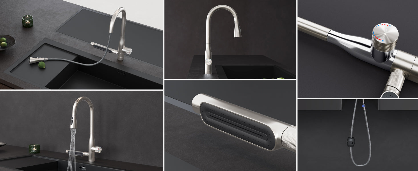 glasvilla Rubinetto per Cucina, 5 Modalità con Doccetta Estraibile, Rubinetto Lavello Cucina in Acciaio Inossidabile 304 con Cartuccia Ceramica, Tubi e Accesorri, Design Moderno Argento Turnix-03