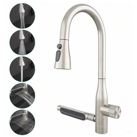 glasvilla Wasserhahn Küche mit Wasserfallstrahl, Spültischarmatur Küchenarmatur, Mischbatterie mit Einhebelmischer 360° Schwenkbar, Küchenwasserhahn aus Edelstahl Silber Turnix-03