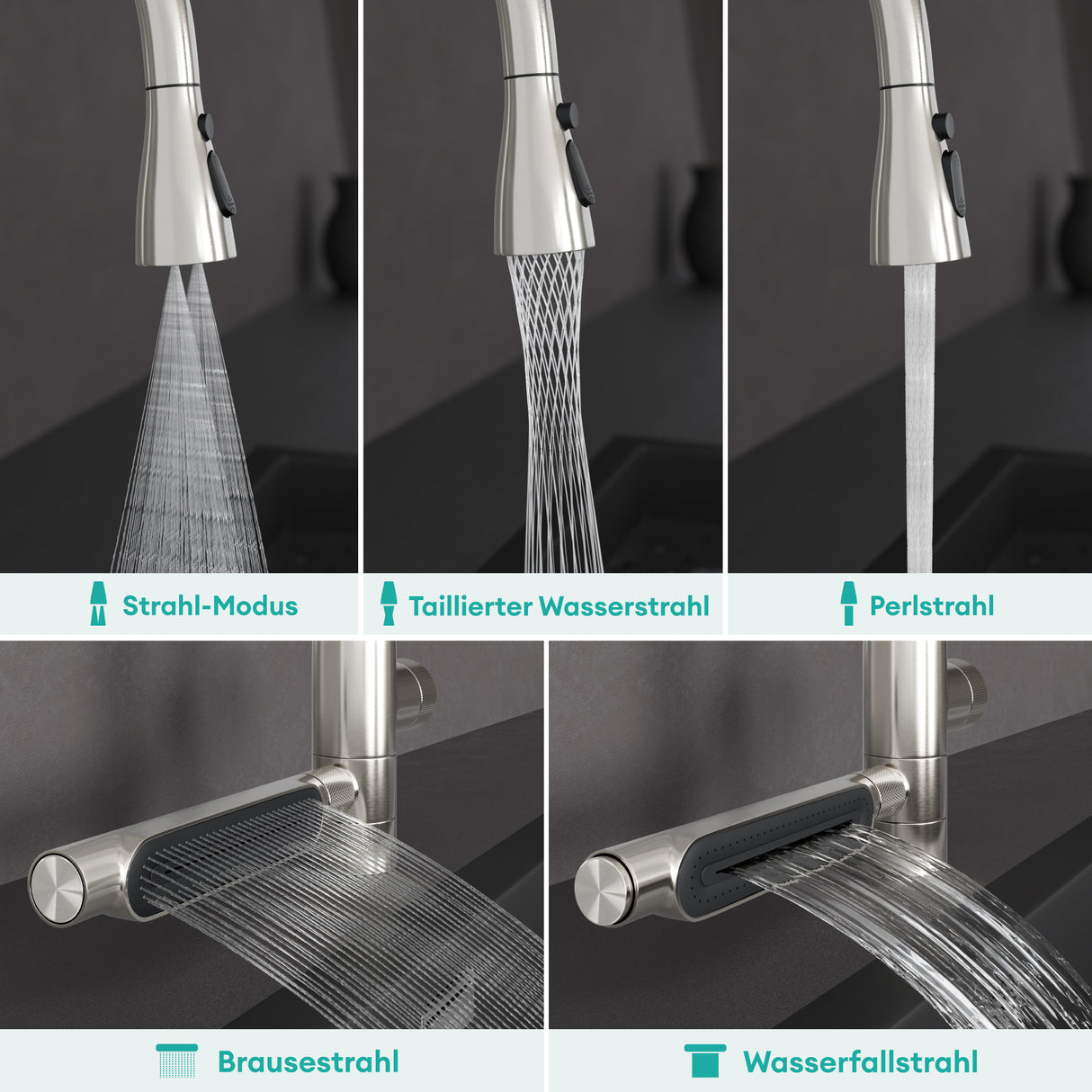 glasvilla Wasserhahn Küche mit Wasserfallstrahl, Spültischarmatur Küchenarmatur, Mischbatterie mit Einhebelmischer 360° Schwenkbar, Küchenwasserhahn aus Edelstahl Silber Turnix-03