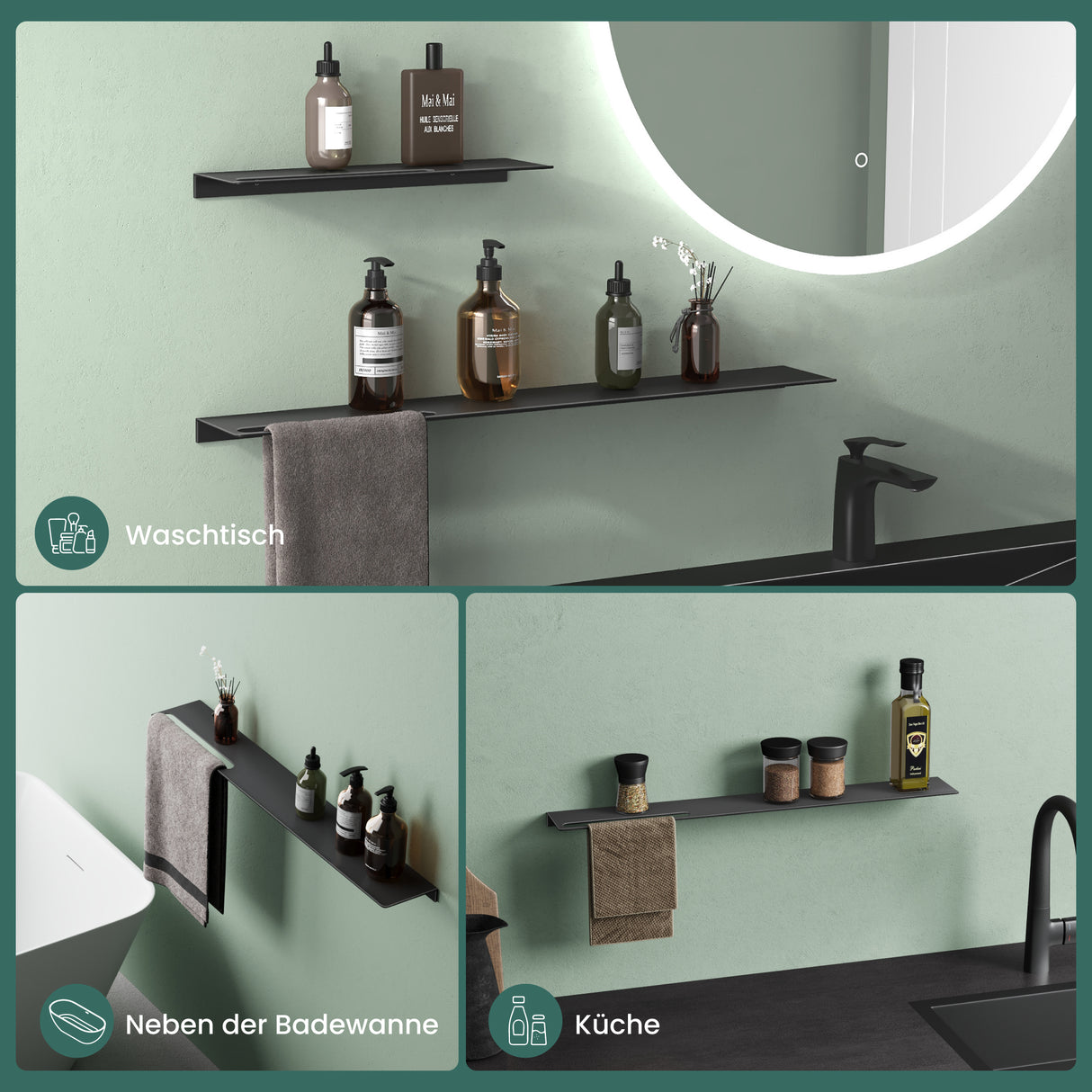 glasvilla Mensola da Parete Multifunzionale, Mensola per Doccia in Alluminio con Portasciugamani Mensola da Appendere per Bagno e Cucina, Reglo-06