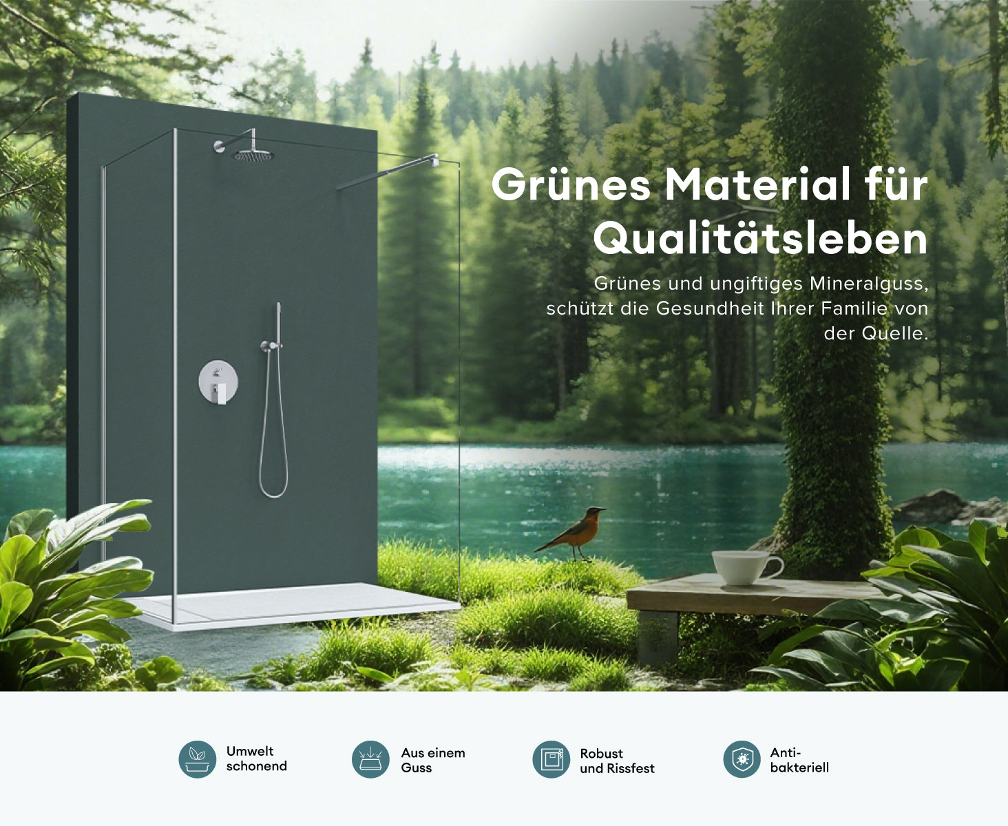 Receveur de douche Glasvilla en matériau minéral moulé, raccords DIN Geoma10