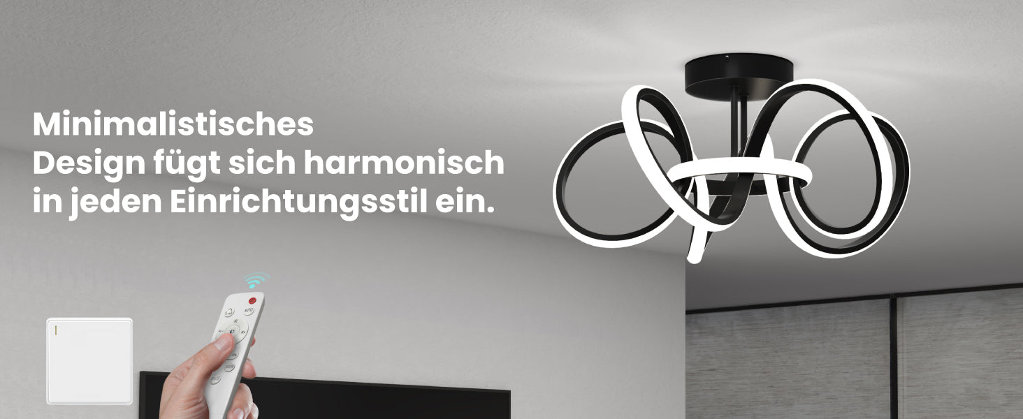 glasvilla LED Deckenleuchte Deckenlampe mit Fernbedienung, Stufenlos dimmbar 3000-6400K, flimmerfreie Zimmerlampe 65W Schwarz für Schlafzimmer, Wohnzimmer, Arbeitszimmer, Flur Alivetta25035