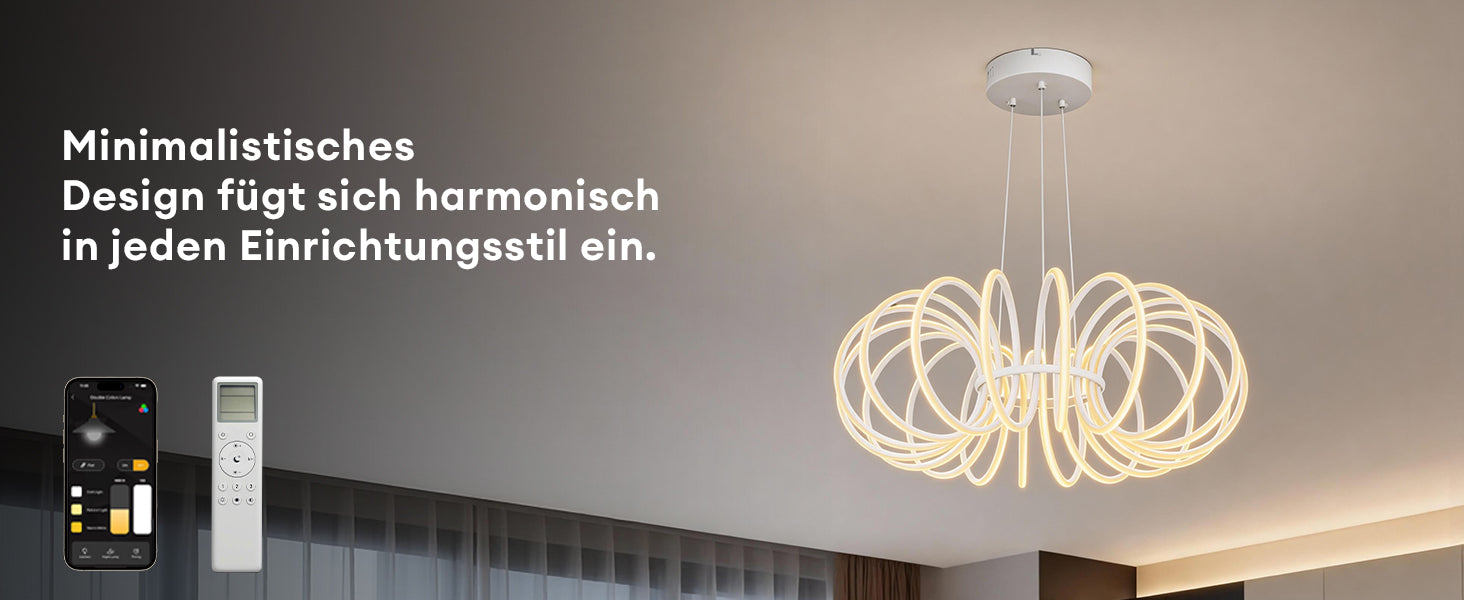 Suspension de salle à manger en verre glasvilla, 61 cm LED moderne blanc sable, intensité réglable en continu 3000K–6000K, hauteur ajustable design 120W, avec télécommande et interrupteur mural Nuvora05