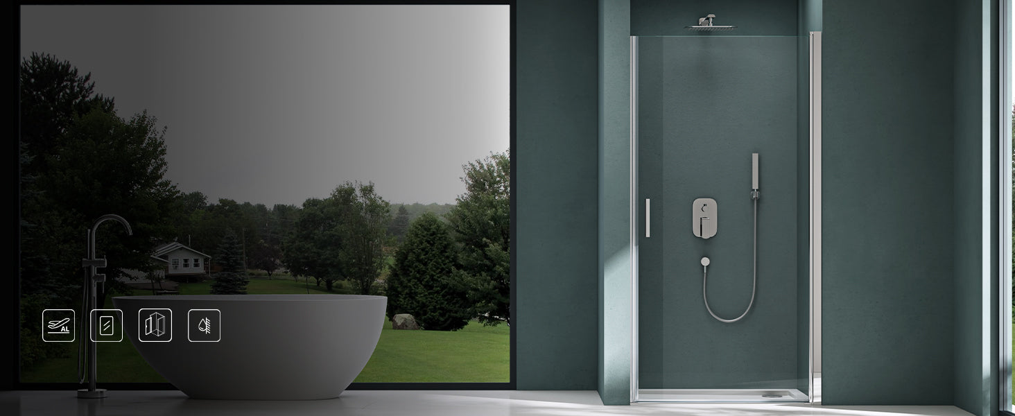 glasvilla Puerta de ducha Puerta de nicho Ducha Separación de ducha Cabina de ducha Puerta oscilante 180° vidrio de seguridad ESG con mecanismo de elevación y descenso vidrio claro y satinado rayas Teramo24K+MS D Nuevo