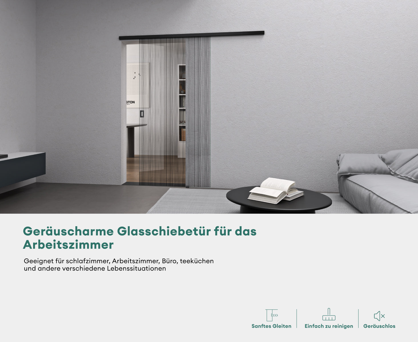 glasvilla Glasschiebetür komplettset Zimmertür Mate Negro 8mm ESG-Sicherheitsglas, Schiebetür Glas negro cepillado con riel de aluminio Muranino-001