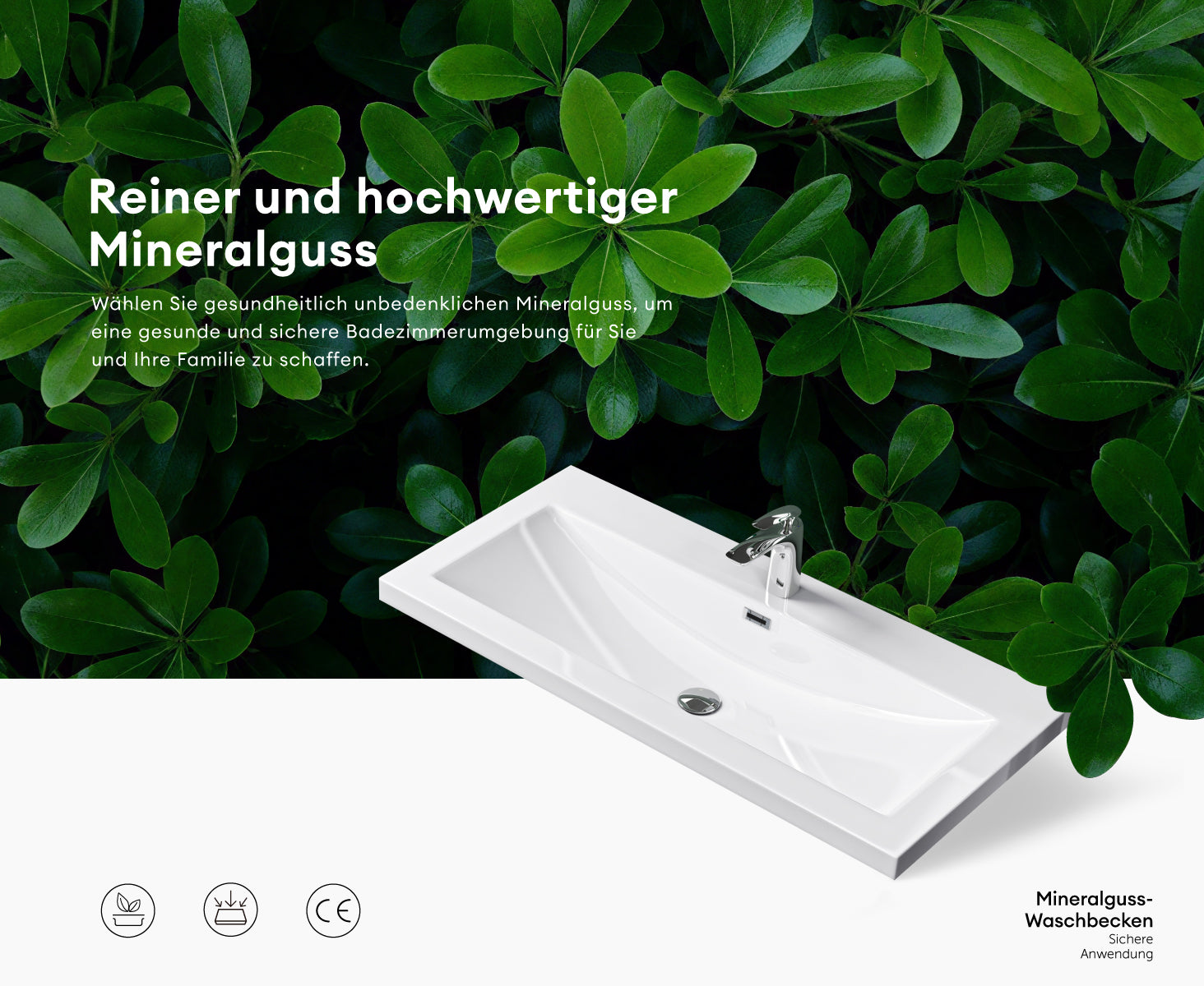 glasvilla Waschbecken Einbauwaschbecken Waschschale Waschtisch Mineralguss Rechteckig 1 Armaturenloch Überlauf-Funktion Col01