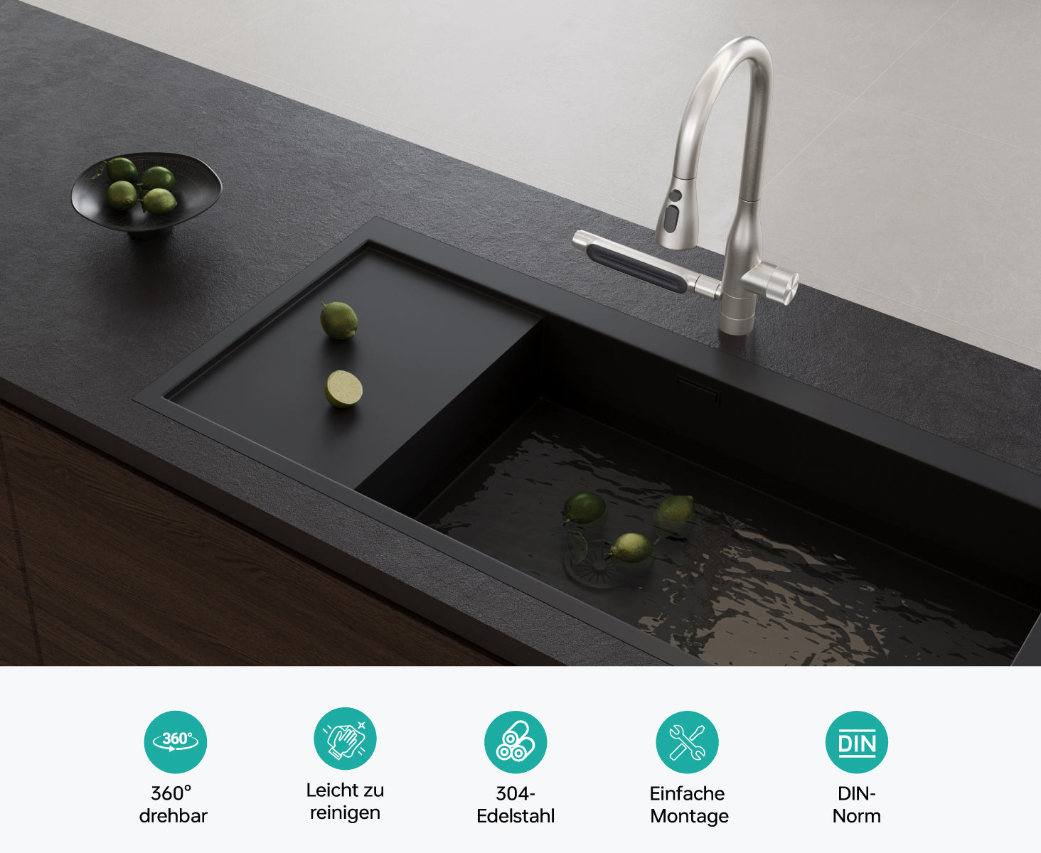 glasvilla Rubinetto per Cucina, 5 Modalità con Doccetta Estraibile, Rubinetto Lavello Cucina in Acciaio Inossidabile 304 con Cartuccia Ceramica, Tubi e Accesorri, Design Moderno Argento Turnix-03