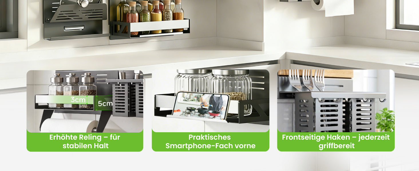 glasvilla -Étagère à épices à étages pour cuisine avec support pour téléphone et pots à ustensiles inclus 5 crochets, Étagère de cuisine multifonctionnelle amovible avec rail, Organisateur de cuisine Reglo-09-12