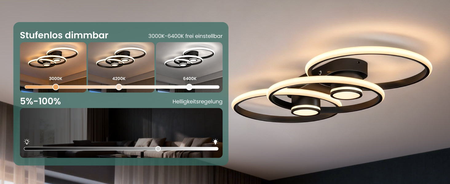 Glasvilla Design – Lámpara de techo LED negra con mando a distancia, regulable 3000–6400K (70W, 75 cm)